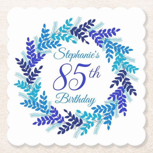 Elegant Blue Wreath 85th Birthday Kartonnen Onderzetters (Voorkant)