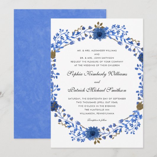 Elegant Blue Wreath | Alle ouders die een bruiloft Kaart (Voorkant / Achterkant)