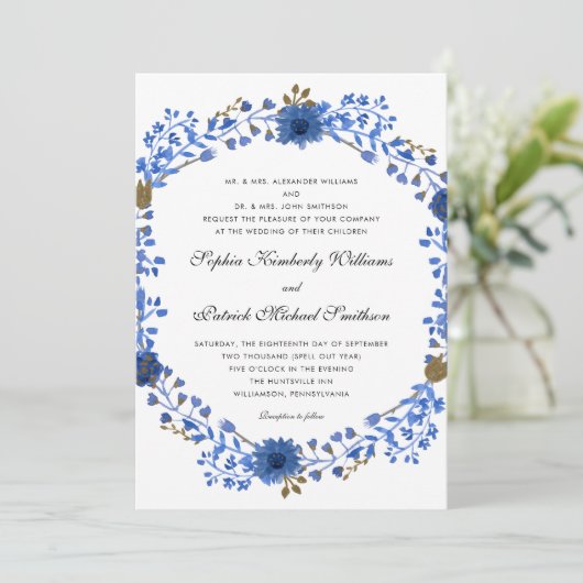 Elegant Blue Wreath | Alle ouders die een bruiloft Kaart (Staand voorkant)