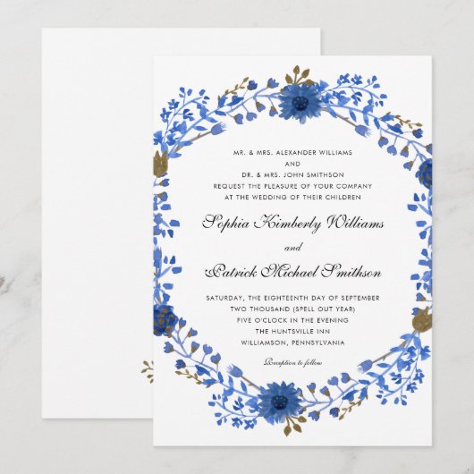 Elegant Blue Wreath | Alle ouders die een bruiloft Kaart (Voorkant / Achterkant)