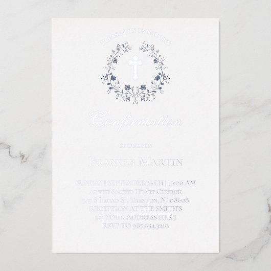 elegant blue wreath Confirmation Folie Uitnodiging (Voorkant)