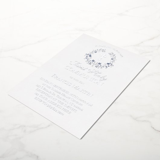 elegant blue wreath first holy communion folie uitnodiging (Gedraaid)