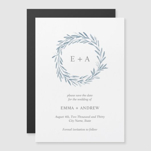 Elegant Blue Wreath Save the Date Magnetische Uitnodiging (Voorkant / Achterkant)