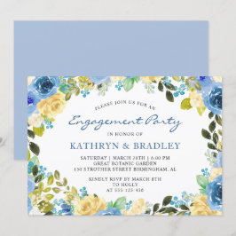 Elegant Blue Yellow Floral Engagement Party Kaart