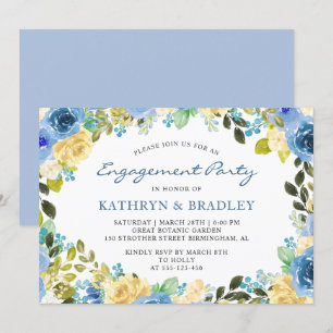 Elegant Blue Yellow Floral Engagement Party Kaart