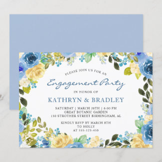 Elegant Blue Yellow Floral Engagement Party Kaart