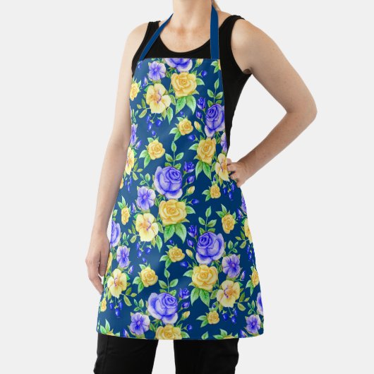 Elegant Blue Yellow Rose Floral Pattern Apron Schort (Insitu)