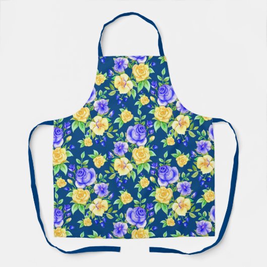 Elegant Blue Yellow Rose Floral Pattern Apron Schort (Voorkant)