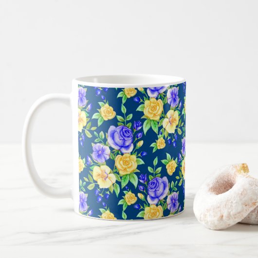 Elegant Blue Yellow Rose Floral Pattern Koffiemok (Met donut)