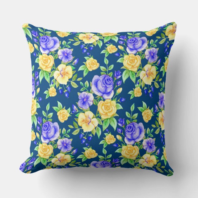 Elegant Blue Yellow Rose Floral Pattern Kussen (Voorkant)