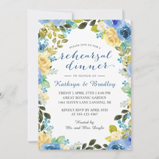 Elegant Blue Yellow Rose Garden Rehearsal Dinner Kaart (Voorkant)