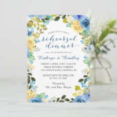 Elegant Blue Yellow Rose Garden Rehearsal Dinner Kaart (Staand voorkant)