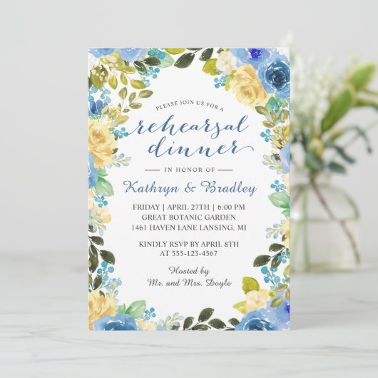 Elegant Blue Yellow Rose Garden Rehearsal Dinner Kaart (Staand voorkant)