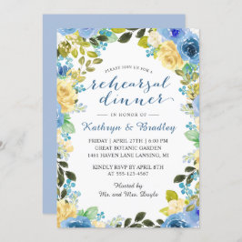 Elegant Blue Yellow Rose Garden Rehearsal Dinner Kaart