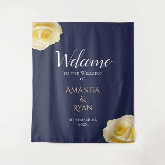 Elegant Blue Yellow Roses Floral Weduwen Welkom Wandkleed (Voorkant)