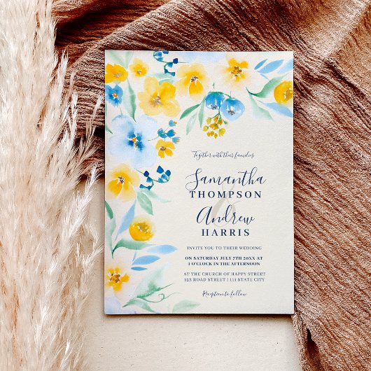 Elegant blue yellow waterverf bruiloft kaart