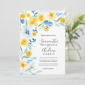 Elegant blue yellow waterverf bruiloft kaart (Staand voorkant)