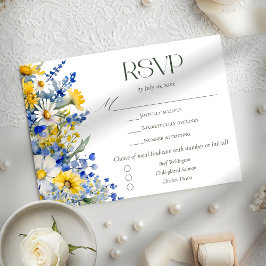 Elegant Blue Yellow Wildflower Wedding Meal Choice RSVP Kaartje