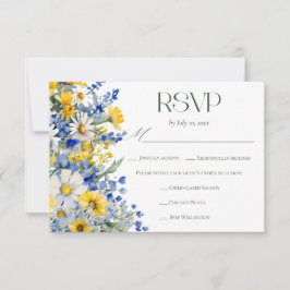Elegant Blue Yellow Wildflower Wedding Meal Choice RSVP Kaartje
