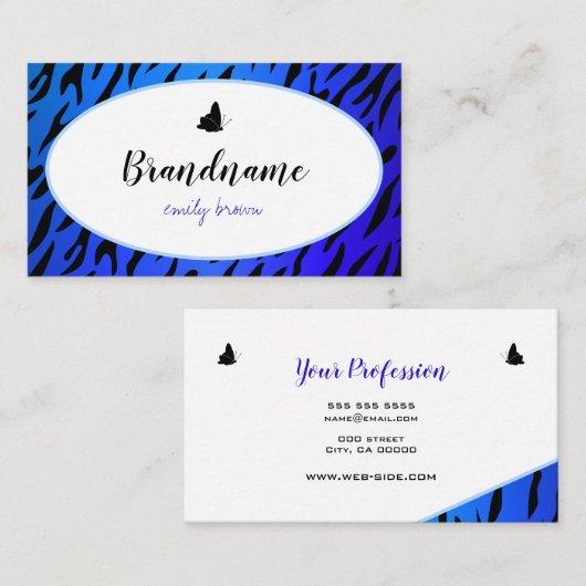 Elegant Blue Zebra Pattern Butterflies Chic Visitekaartje (Voorkant / Achterkant)