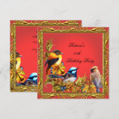 Elegant Bluebird Red Gold Birthday Party Kaart (Voorkant / Achterkant)