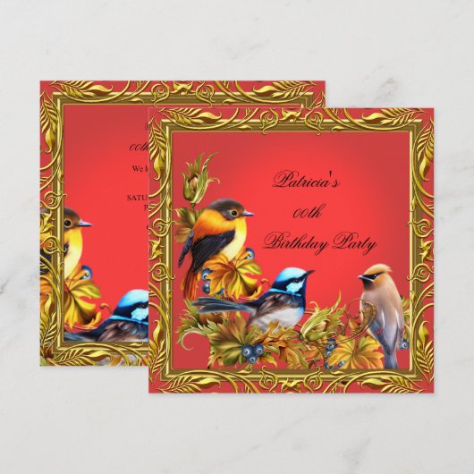 Elegant Bluebird Red Gold Birthday Party Kaart (Voorkant / Achterkant)
