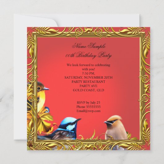 Elegant Bluebird Red Gold Birthday Party Kaart (Achterkant)