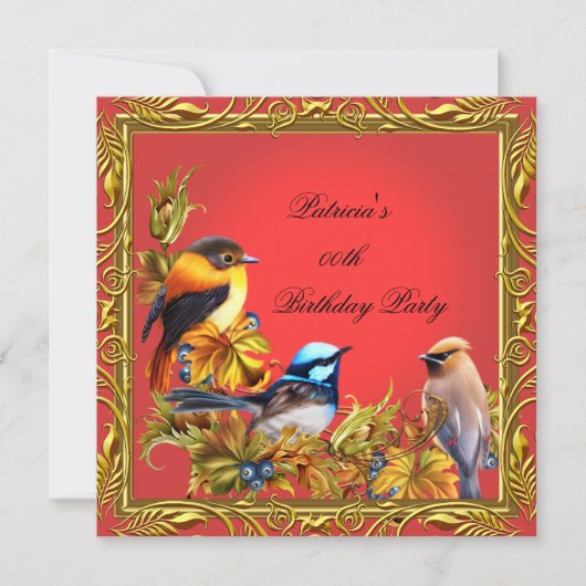 Elegant Bluebird Red Gold Birthday Party Kaart (Voorkant)