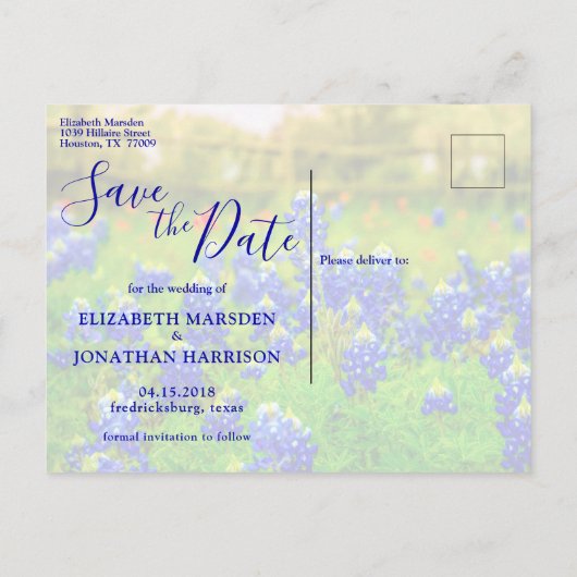 Elegant Bluebonnets Spring Photo Save the Date Aankondigingskaart (Achterkant)