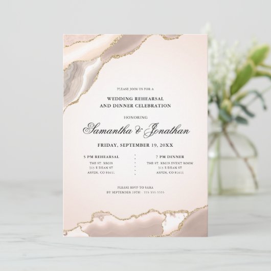 Elegant Blush Agaat Bruiloft repetitie diner Kaart (Staand voorkant)