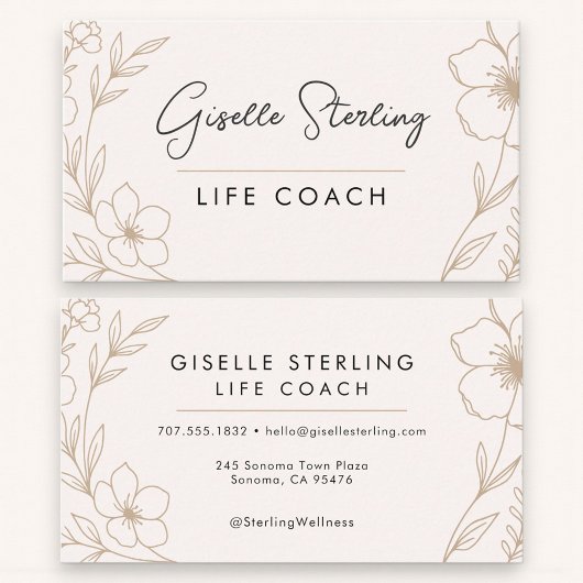 Elegant Blush and Black Botanical Life Coach Visitekaartje