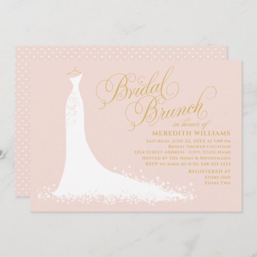 Elegant Blush and Gold Wedding Gown Bridal Brunch Kaart (Voorkant / Achterkant)