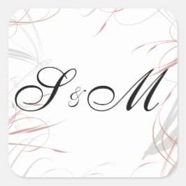 Elegant Blush and Grey Swirls Monogrammed Wedding Vierkante Sticker