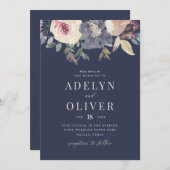 Elegant Blush and Navy Floral Wedding Invitation Kaart (Voorkant / Achterkant)