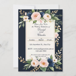 Elegant Blush and Navy Floral Wedding Invitation Kaart