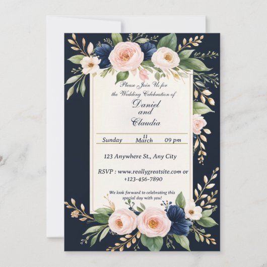 Elegant Blush and Navy Floral Wedding Invitation Kaart (Voorkant)