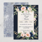 Elegant Blush and Navy Floral Wedding Invitation Kaart (Voorkant / Achterkant)