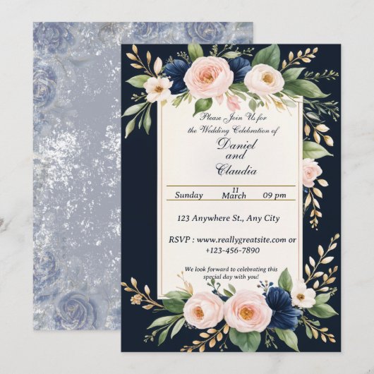 Elegant Blush and Navy Floral Wedding Invitation Kaart (Voorkant / Achterkant)