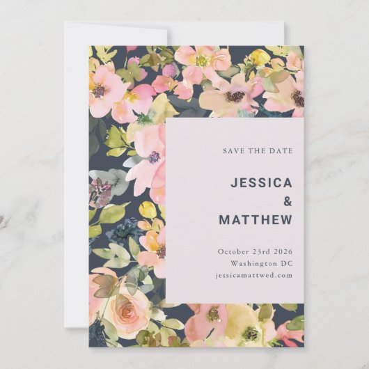 Elegant Blush and Navy Waterverf Floral Wedding Save The Date (Voorkant)