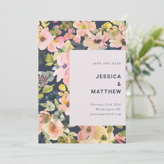 Elegant Blush and Navy Waterverf Floral Wedding Save The Date