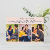 Elegant Blush and Navy Wedding Photo Collage Save The Date (Staand voorkant)