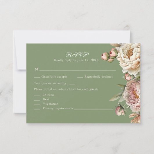 Elegant Blush and Sage Green Peonies RSVP Card (Voorkant)