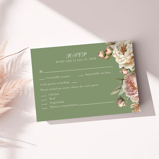 Elegant Blush and Sage Green Peonies RSVP Card Kaartje