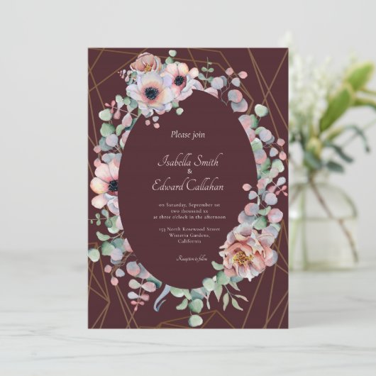 Elegant Blush Anemone Bloemen Krans Bruiloft Kaart (Staand voorkant)