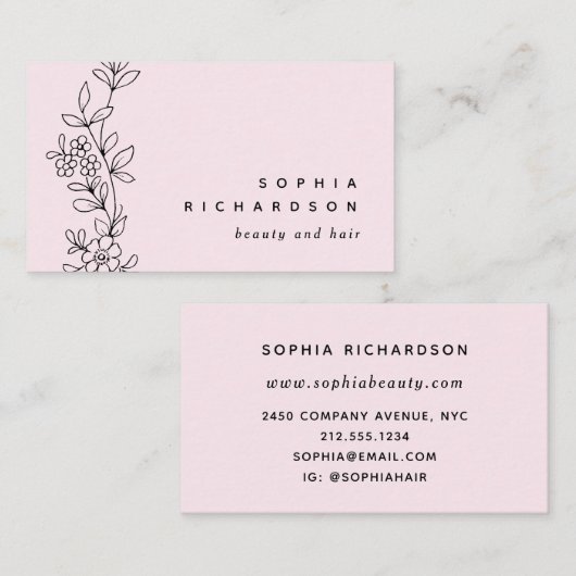 Elegant Blush Black Botanical | Alle bewerkbare kl Visitekaartje (Voorkant / Achterkant)