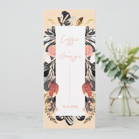 Elegant Blush & Black Floral Wedding Program Card Kaart (Staand voorkant)