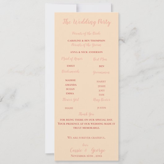 Elegant Blush & Black Floral Wedding Program Card Kaart (Achterkant)