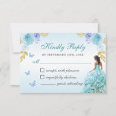 Elegant Blush Blauw Bloemen Quinceañera RSVP Kaartje (Voorkant)