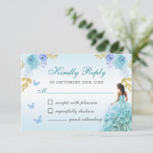 Elegant Blush Blauw Bloemen Quinceañera RSVP Kaartje (Staand voorkant)
