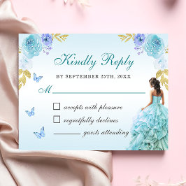 Elegant Blush Blauw Bloemen Quinceañera RSVP Kaartje